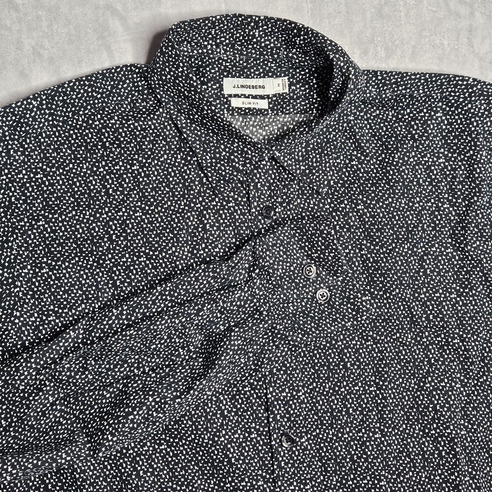 J. LINDEBERG Button Up Shirt Mens Black Medium Slim Fit Dani Lux Print Space